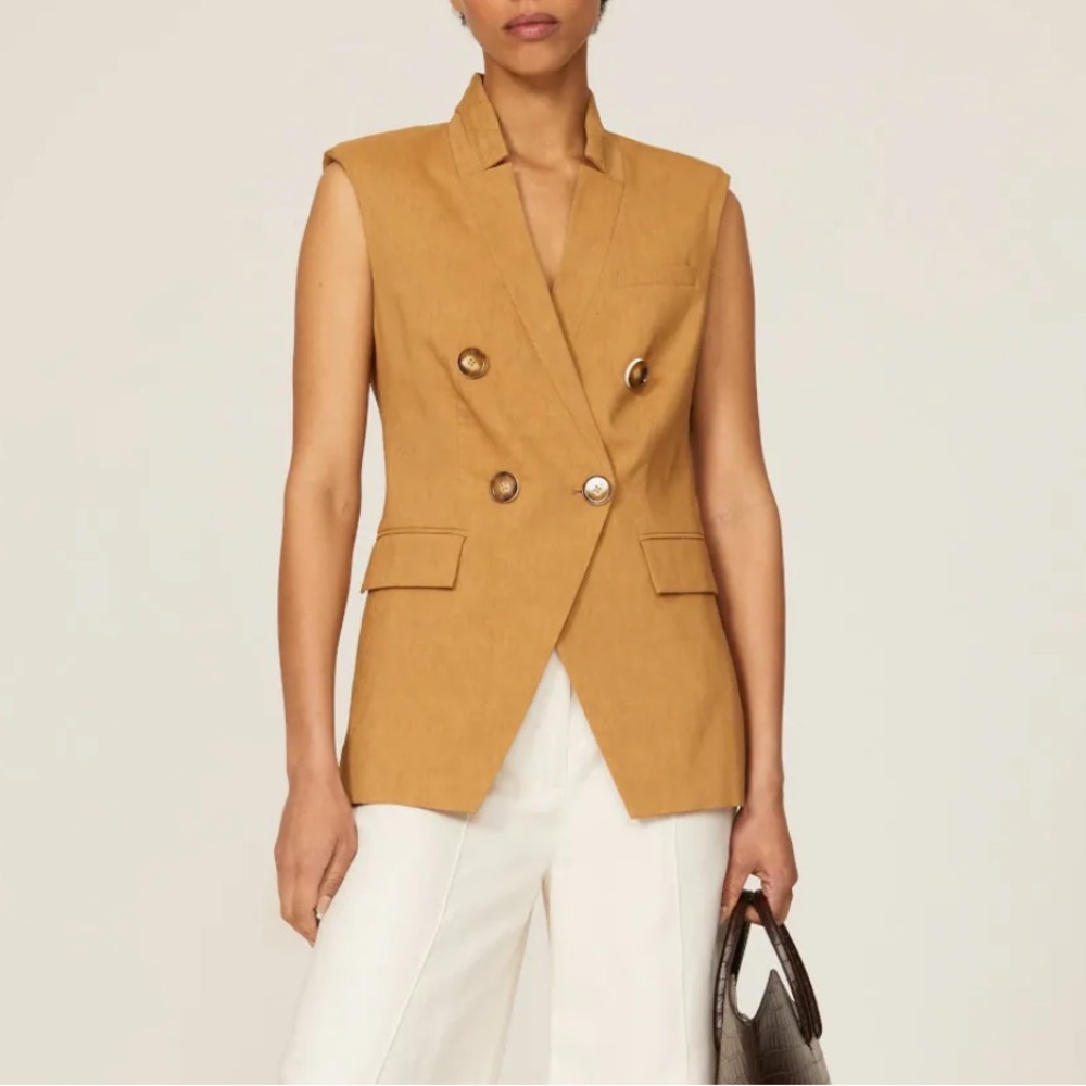 Veronica Beard Amika Double Breasted Button Blazer Vest in Camel Brown